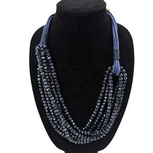 Blue Faceted Beaded Multi Strand Necklace Blue Artsy Chunky Boho Scandi 6 Strand